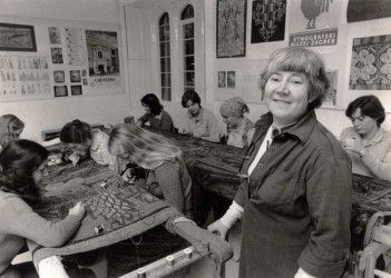 Conserving tapestries in the TCC Workroom at Hampton Court Palace, c. 1975