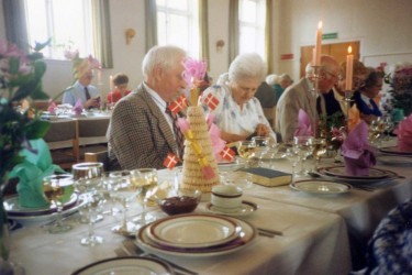 Guests at Karen’s 70th birthday celebrations at Rødding community hall, May 1991