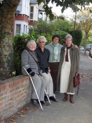 Karen outside the house in Walthamstow with Eva-Louise Pepperall, Katrina, and Marie Ivarsson-Novell, 2007