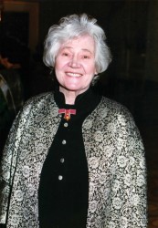 Karen wearing her OBE brooch and Jean Muir jacket, late 90s