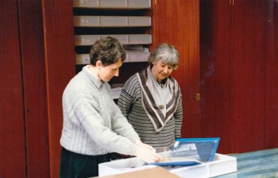 Karen with Margaret Roberts with the Reference Collection at Hampton Court Palace, c. 1986