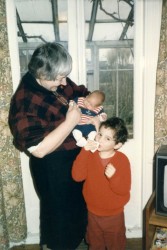 Karen with baby Jake and Josh, December 1986