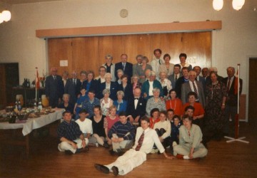 Karen with family and friends celebrating her 70th birthday in Rødding community hall, May 1991