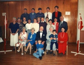 Karen with family celebrating her 70th birthday in Rødding community hall, May 1991