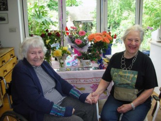 Karen with her sister Ruth on the day after Karen’s 93rd birthday, 2014