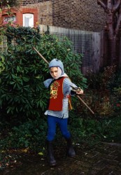 Karen’s grandson Jacob Cohen wearing a chainmail knight’s costume, including tabard, made by Karen