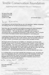 Letter to Karen regarding the awarding of the Balfour of Burleigh Tercentenary Prize