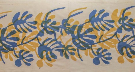 Screen printed tablecloth made by Karen, with blue and yellow pattern